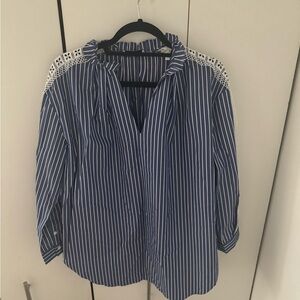 Sandro white and blue strip shirt with lace details in size 3 / L like new